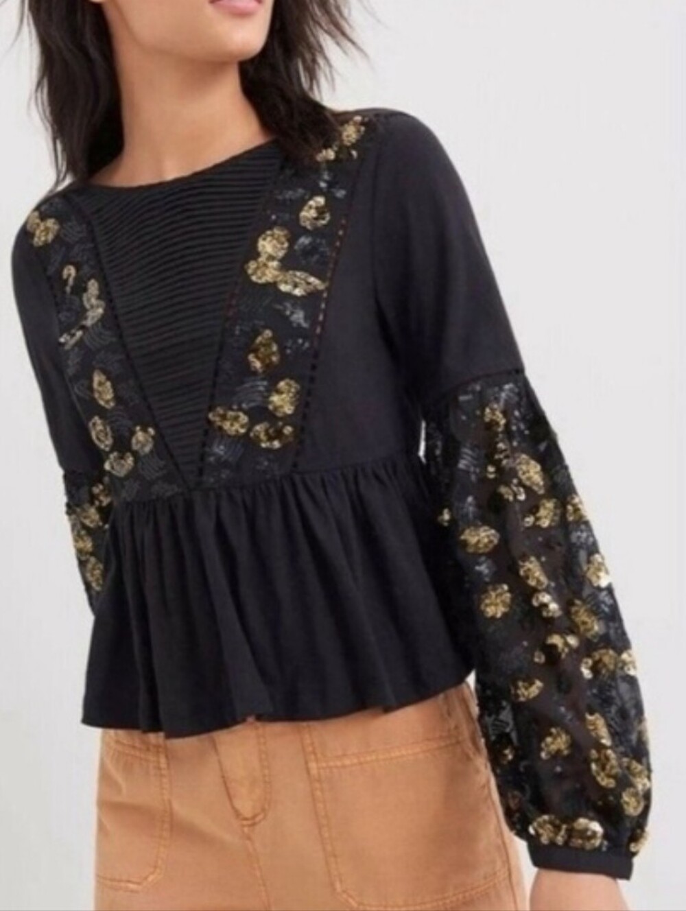 Anthropolgie Neale Sequined Peplum Blouse Black And Gold